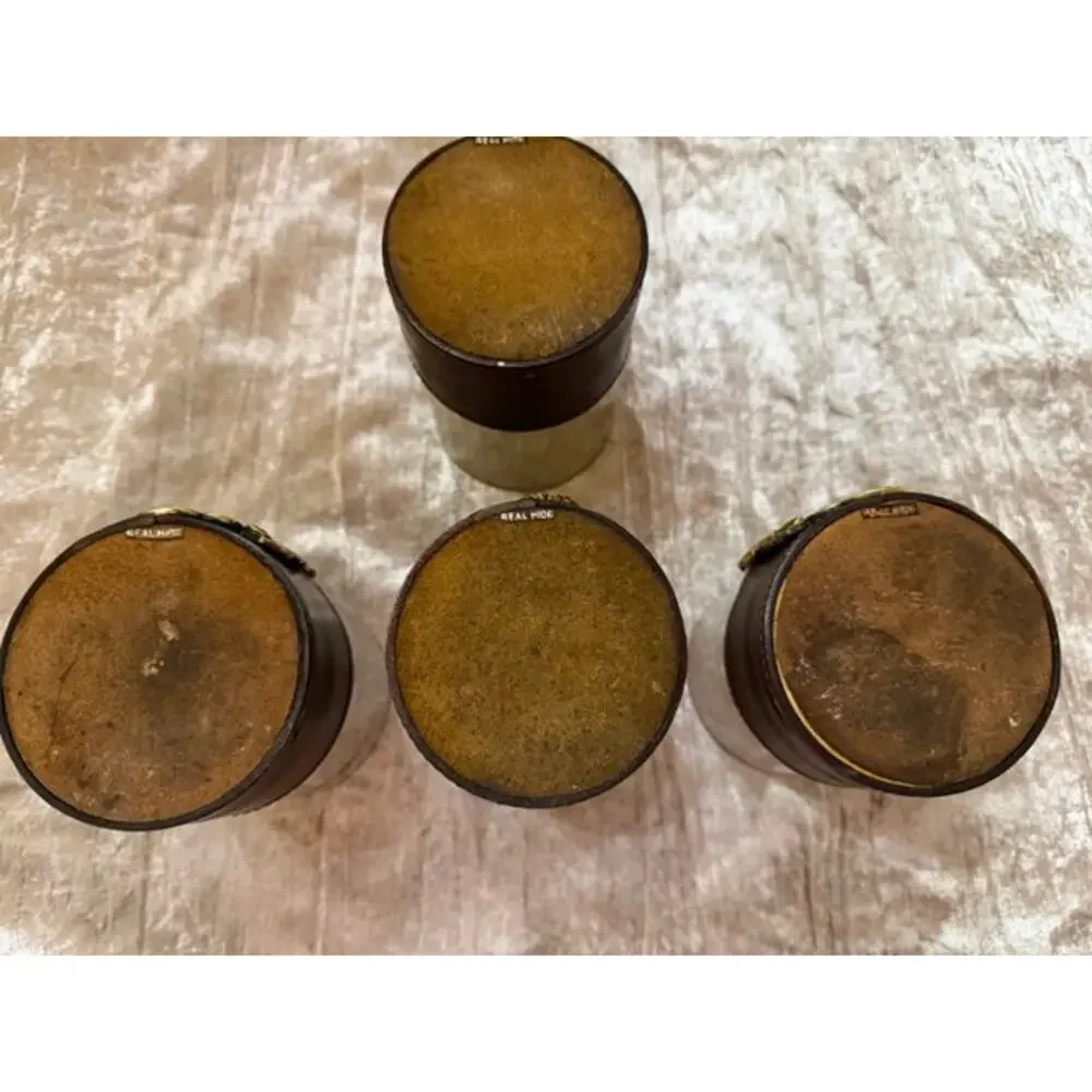 Vintage Leather Bound Rocks Glasses Set of 4 Medieval Shield Man Cave Bar